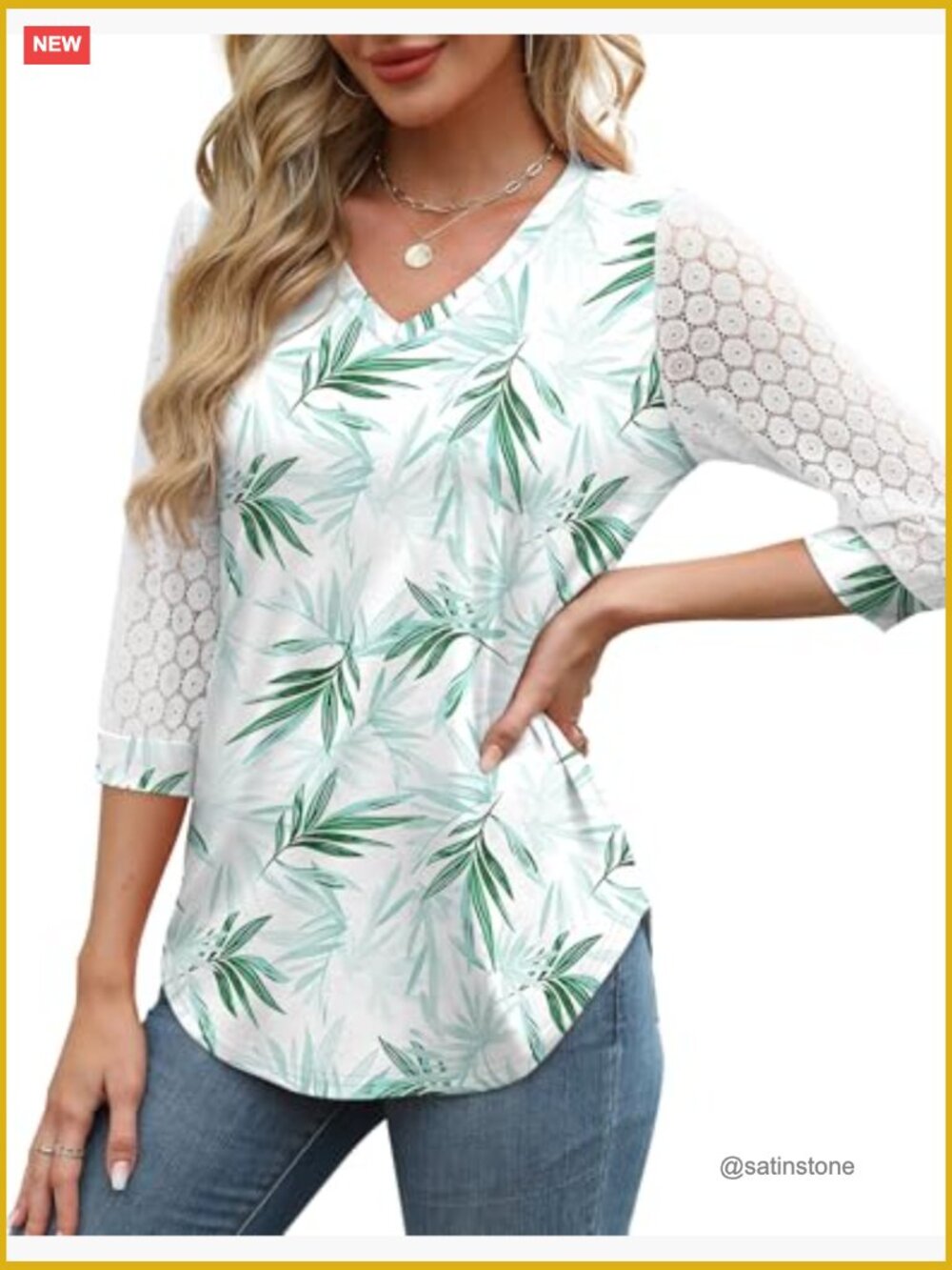 3/4 Sleeve V-Neck Lace Tunic Blouse Office Wear Top - Picture 2 of 5